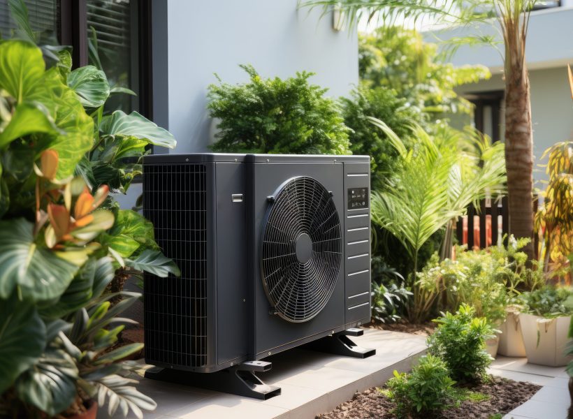 Air source heat pump installed in residential building. Generative AI