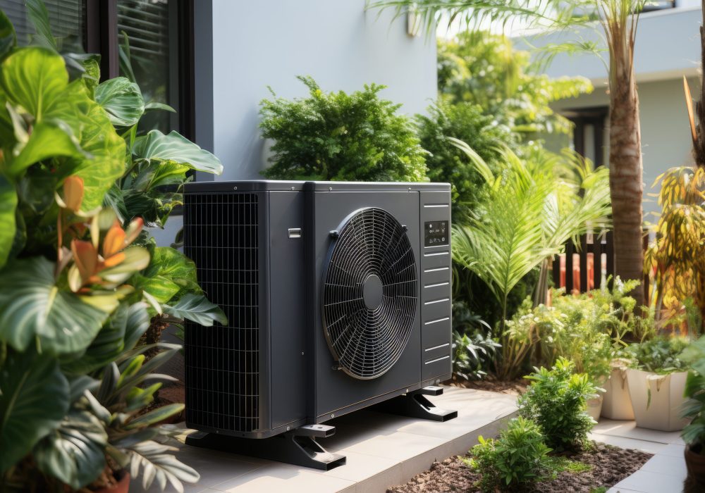 Air source heat pump installed in residential building. Generative AI